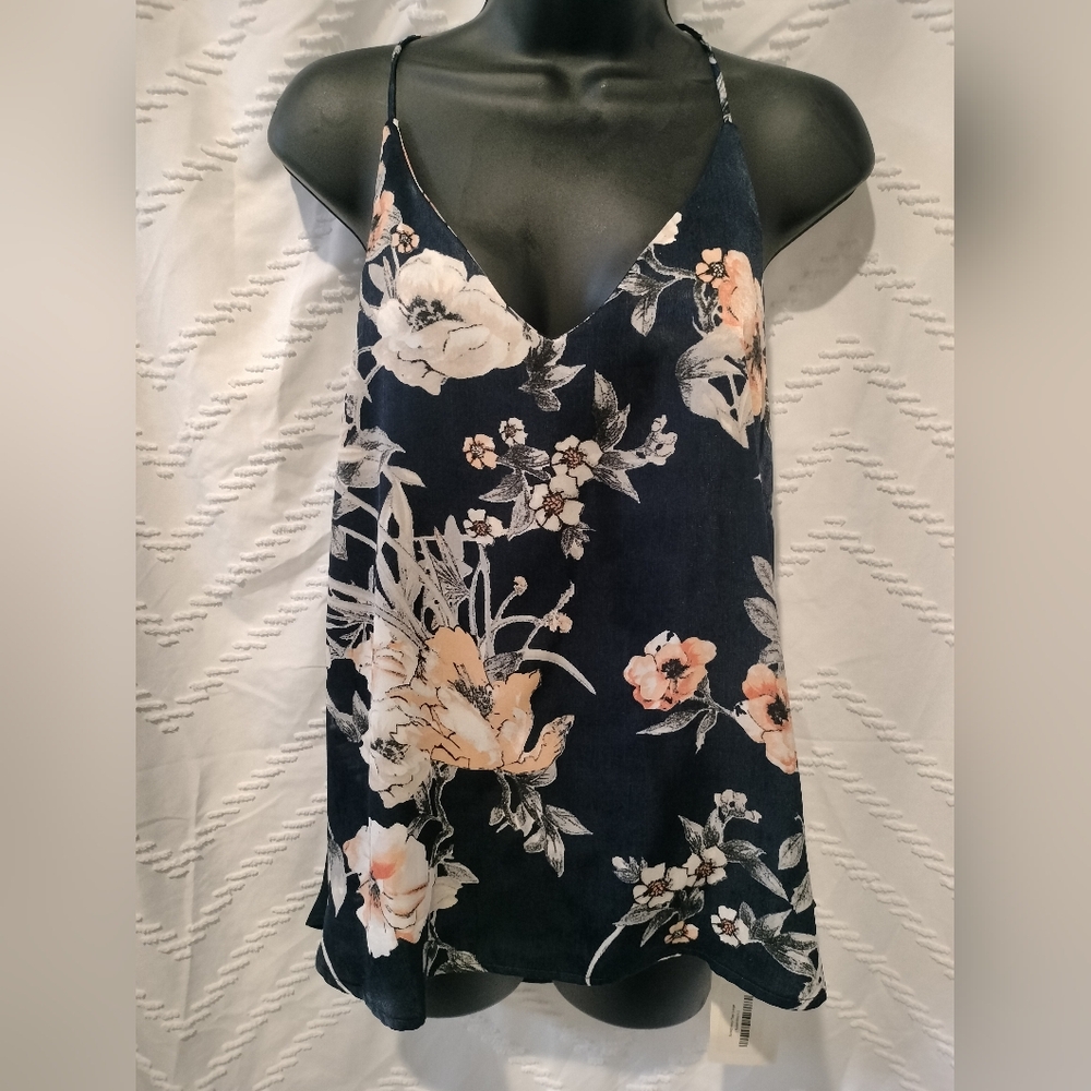 Navy Blue Floral Strappy Back Halter Cami Top Silky Feel - NWT Peach Cream Sz L